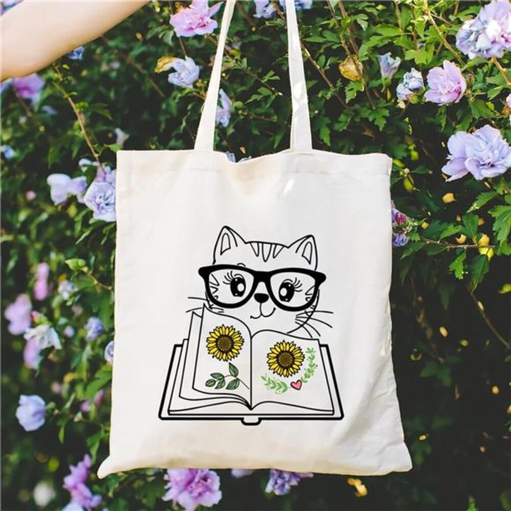 Canvas Tote Bag for Women Aesthetic Cute Cat Shopping Grocery Reusable Bag - Picture 3 of 6